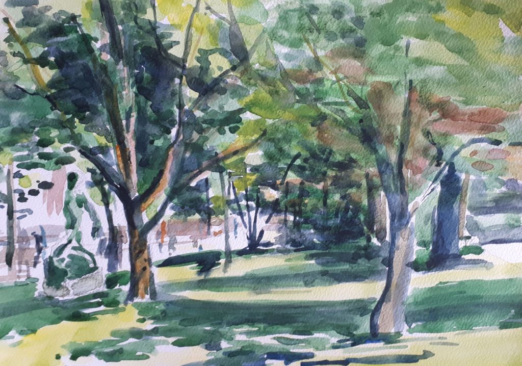 A watercolor painting depicting a lush green park with various trees and dappled sunlight filtering through the foliage.