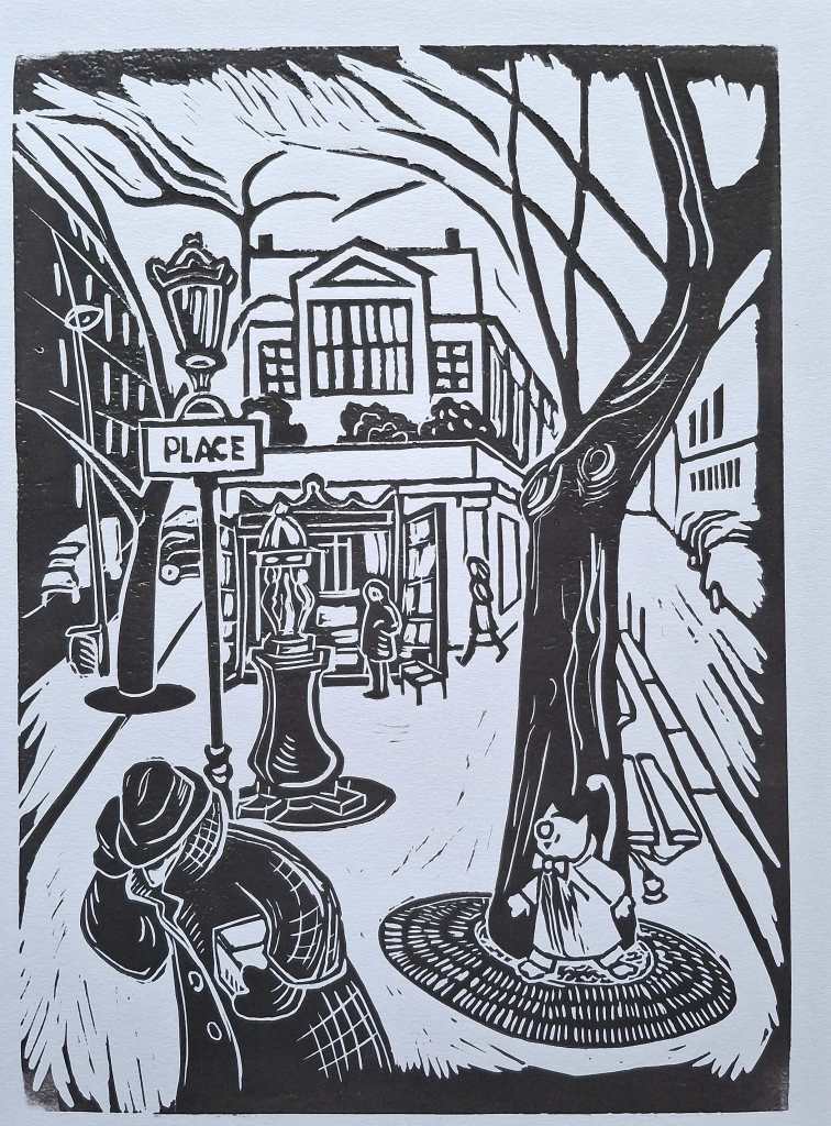 A black and white woodcut illustration depicting a street scene with a lamp post, a sign labeled 'PLACE,' a building with a central entrance, and people walking. A tree with a whimsical figure is prominent in the foreground.