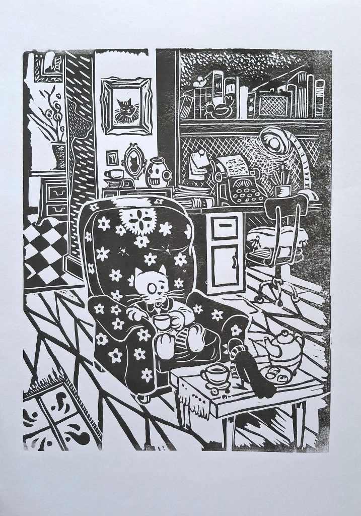 A black and white illustration depicting a cozy living room with a floral-patterned chair, a table with a cup, and shelves filled with books and knick-knacks. A cartoonish cat character is seated in the chair, holding a cup.