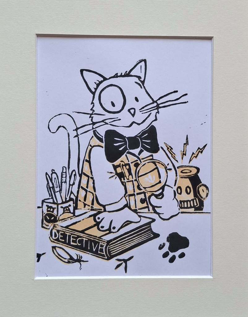 A cartoon cat dressed as a detective, wearing a bow tie, standing on a book titled 'DETECTIVE' with a magnifying glass in one paw and various detective tools in the background.