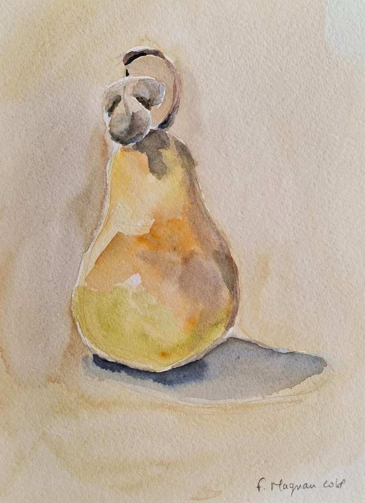 A watercolor painting of a pear with soft colors and shadows.