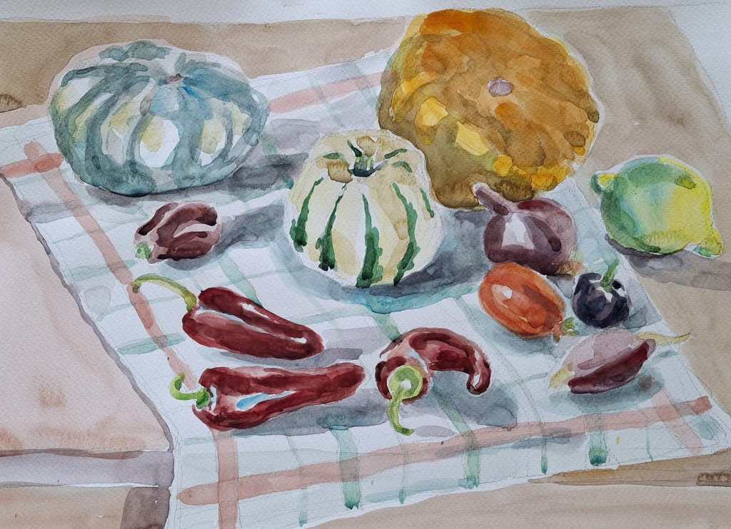 A watercolor painting featuring an assortment of colorful vegetables, including several squash varieties, chili peppers, and a lemon, arranged on a checkered cloth.