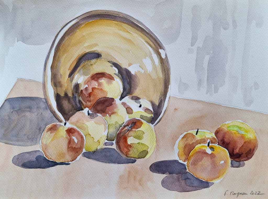 A watercolor painting of several apples scattered around a tipped bowl on a wooden table.