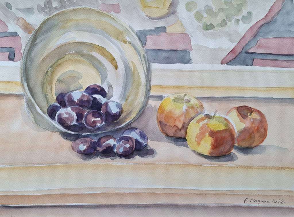 A watercolor painting featuring a bowl of dark grapes beside three apples, placed on a light-colored surface.