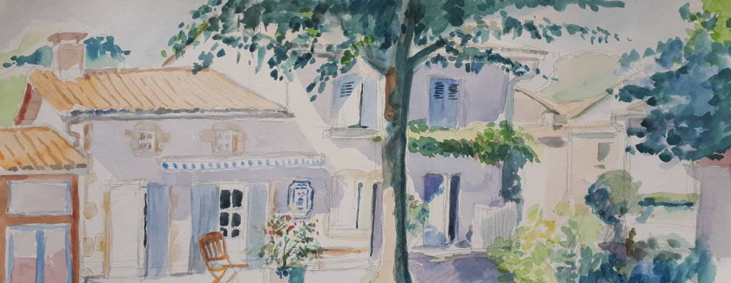 A watercolor painting depicting a charming street scene with two houses featuring terracotta roofs, a blue-striped awning, and a potted flower arrangement in front of one house, surrounded by greenery and trees.