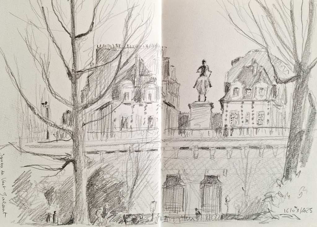 Sketch of a cityscape featuring a statue on a pedestal, historical buildings, bare trees, and a park scene.