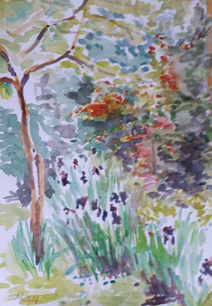 A watercolor painting featuring a lush garden scene with a tree, colorful foliage, and grassy areas, showcasing vibrant greens and hints of red and black flowers.